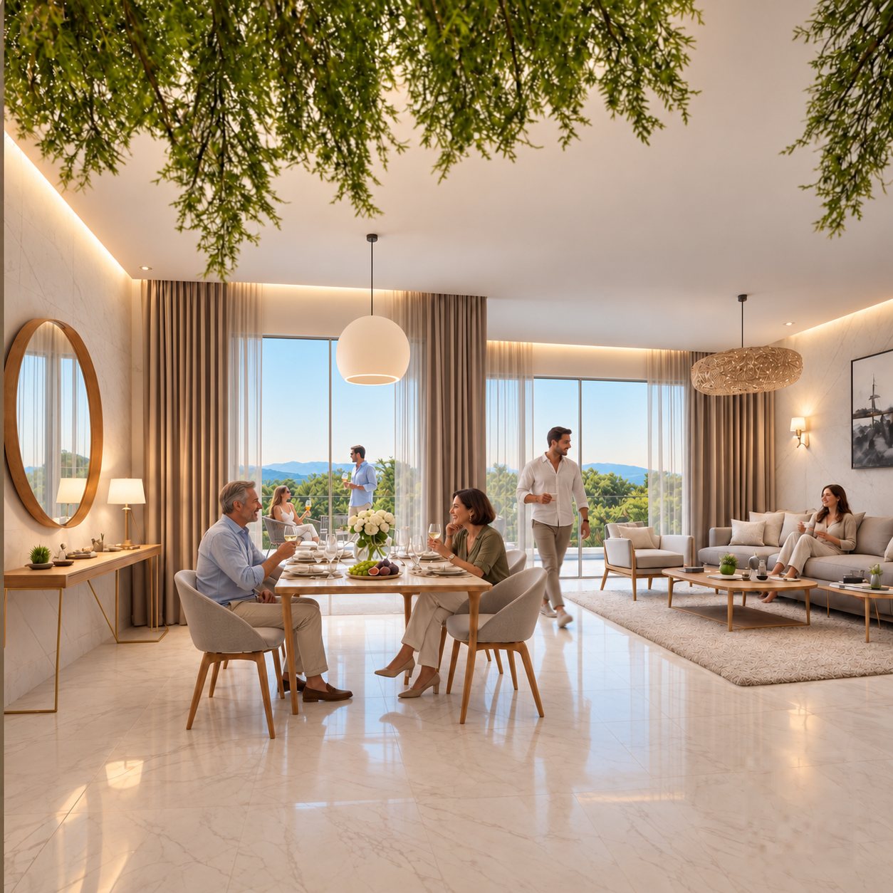 Open-plan living and dining room in the evening, friends at the table and the hills beyond the glass